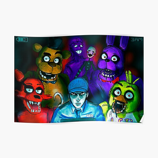 Five Nights at Freddy's with Security Guard, Purple Guy&Marionette Poster RB0606 product Offical fnaf Merch